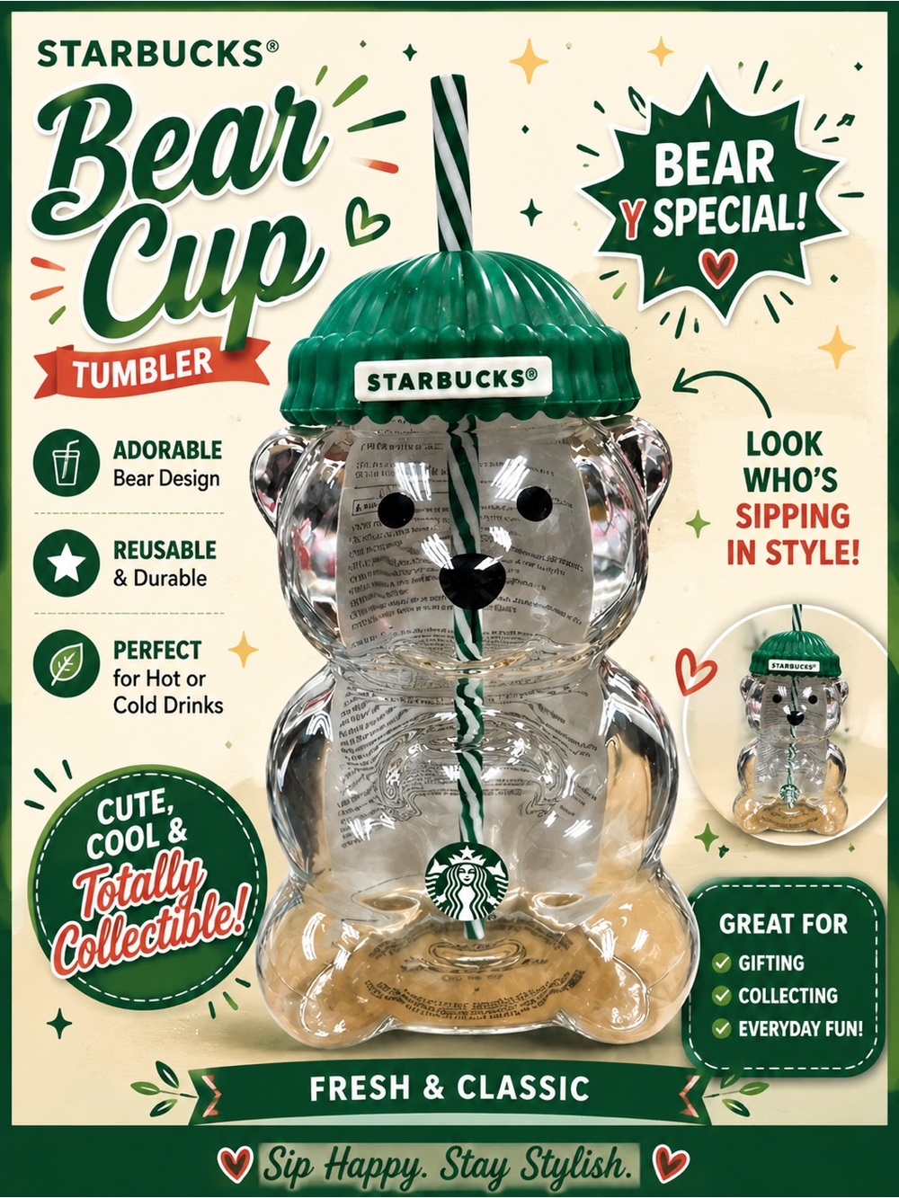 Starbucks Clear Bear Cup Tumbler with Green Lid and Straw
